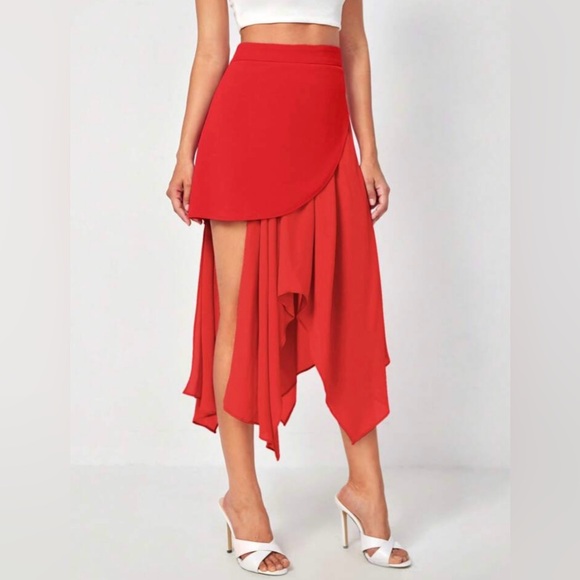 Red High Waist Asymmetrical Hem Skirt - Picture 4 of 5